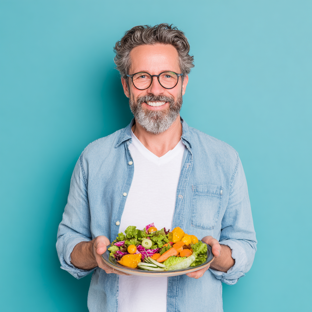 Smiling European woman in her 30s holding a colorful healthy meal bowl, radiating energy and vitality in bright natural lighting